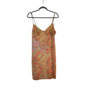 Natori Retro 70s Satin Grungey Floral Embroidered Chemise Slip Dress, Medium